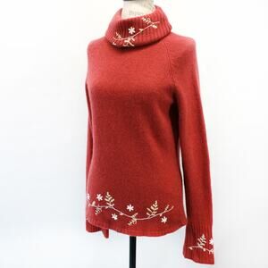 Metropolis Lambswool Red Knit Sweater Pullover Turtleneck Flower Embroidered L